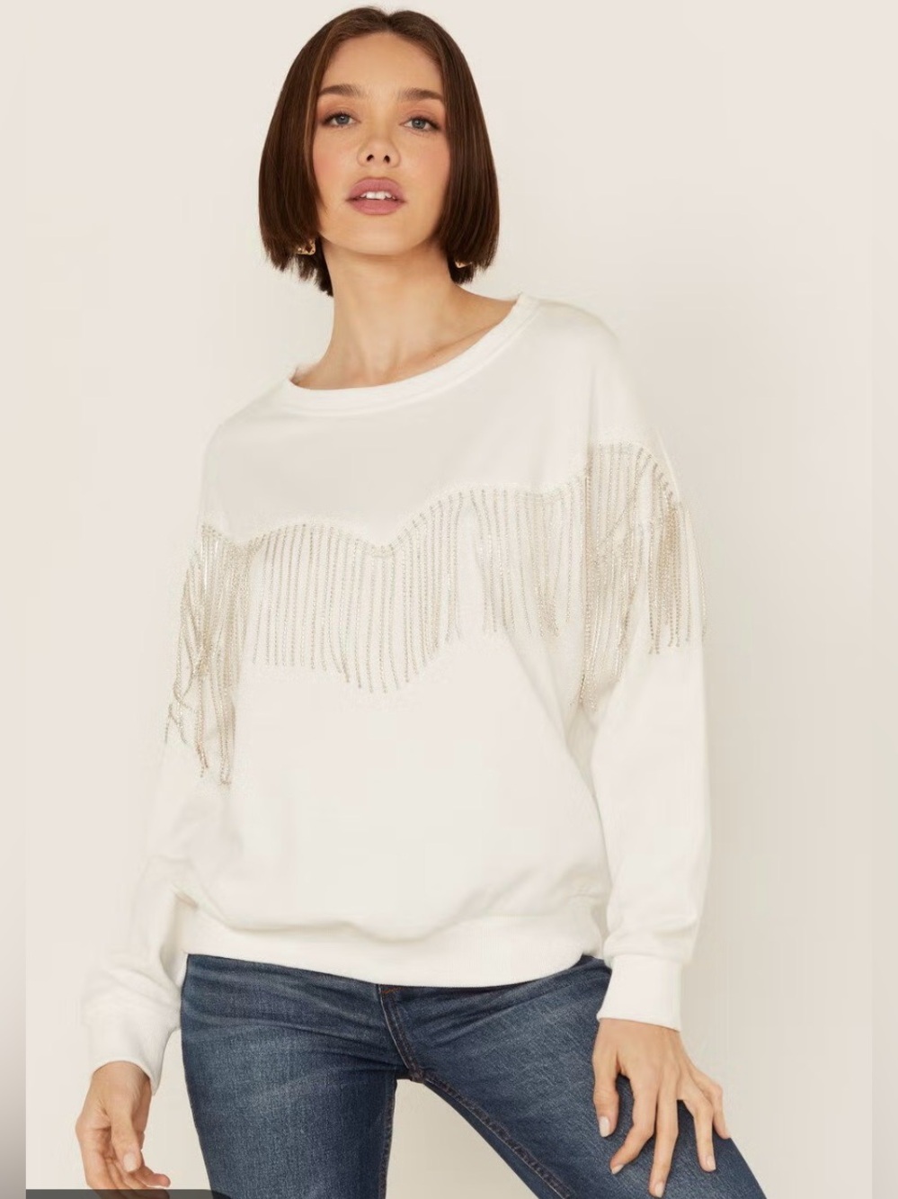 Sfera cream fringe-Accent Women's sweater